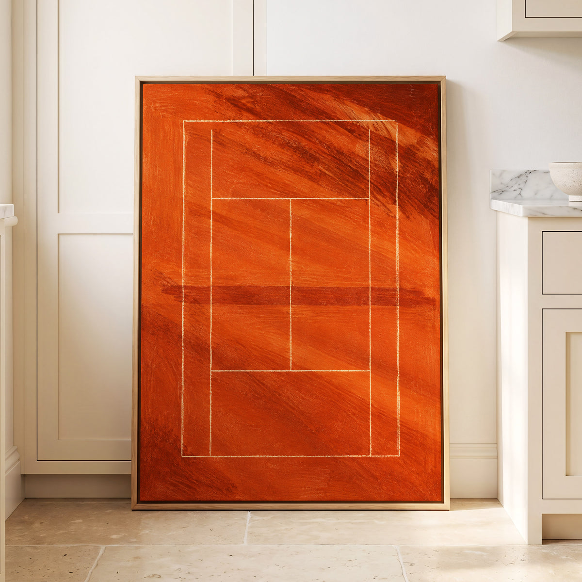 Clay Court Rhythm, orange, red, brown abstract wall art displayed in a styled interior, gallery view 8