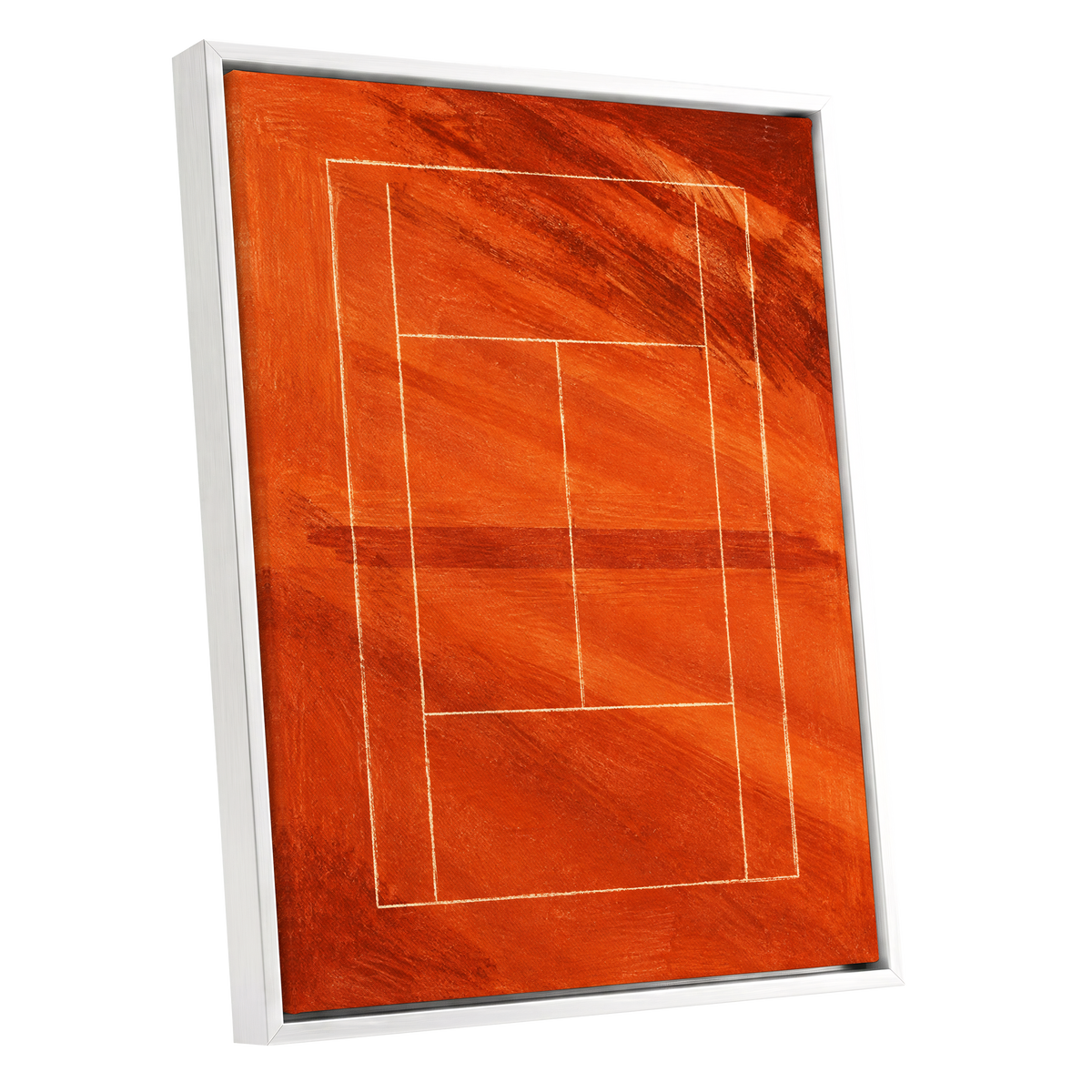 Clay Court Rhythm, orange, red, brown abstract wall art shown as a white framed canvas wall art