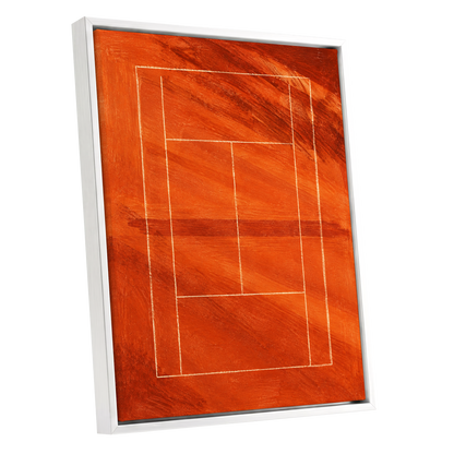 Clay Court Rhythm, orange, red, brown abstract wall art shown as a white framed canvas wall art