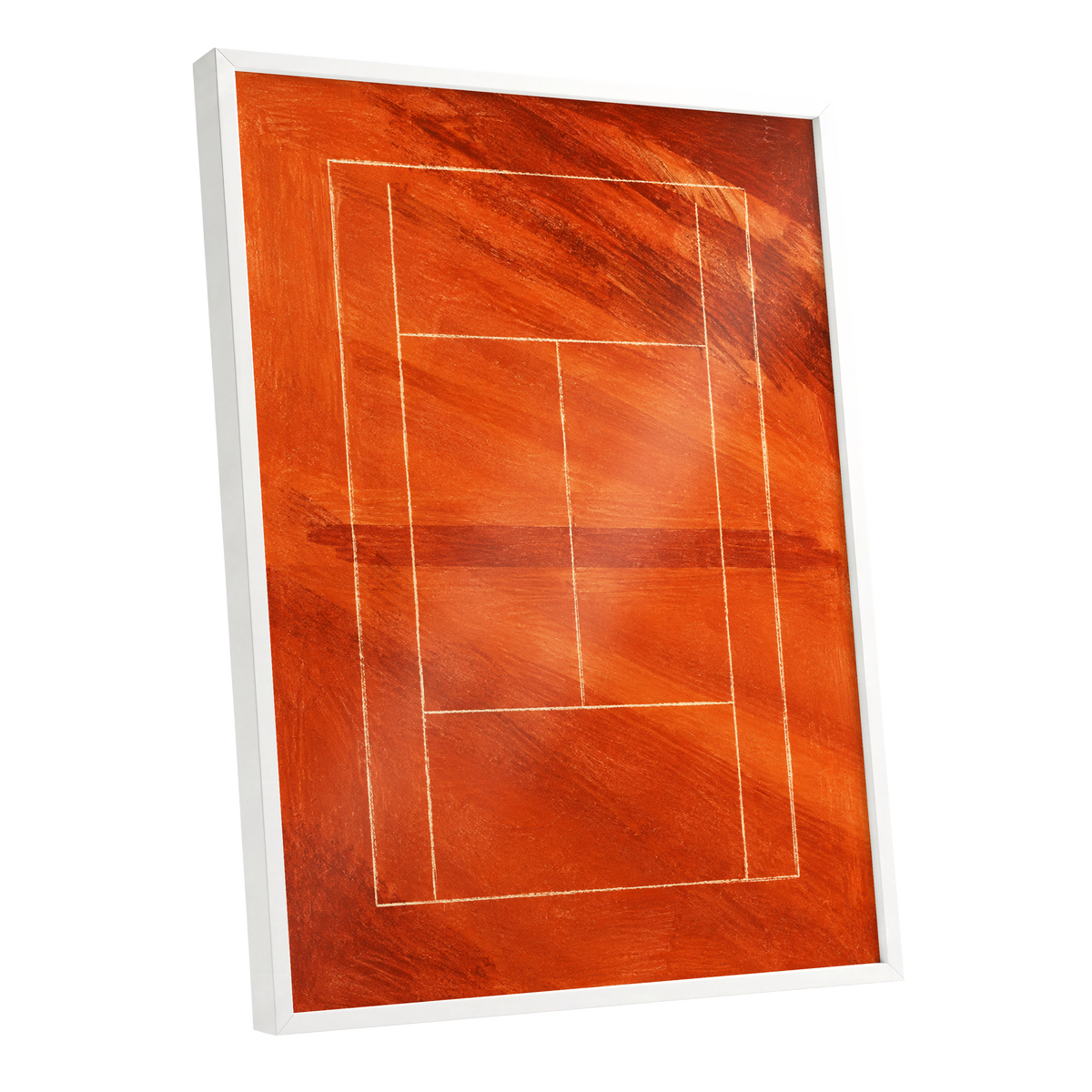 Clay Court Rhythm, orange, red, brown abstract wall art shown as a white framed poster wall art print