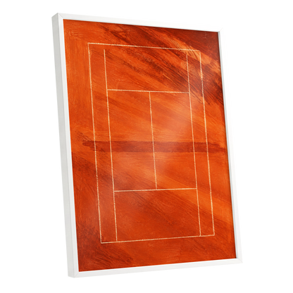 Clay Court Rhythm, orange, red, brown abstract wall art shown as a white framed poster wall art print