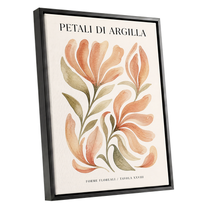 Clay Petal Study, pink, green, beige floral wall art shown as a black framed canvas wall art