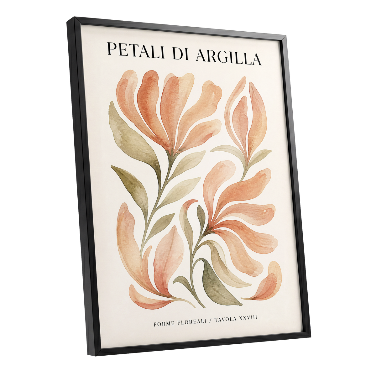 Clay Petal Study, pink, green, beige floral wall art shown as a black framed poster wall art print