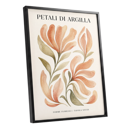 Clay Petal Study, pink, green, beige floral wall art shown as a black framed poster wall art print