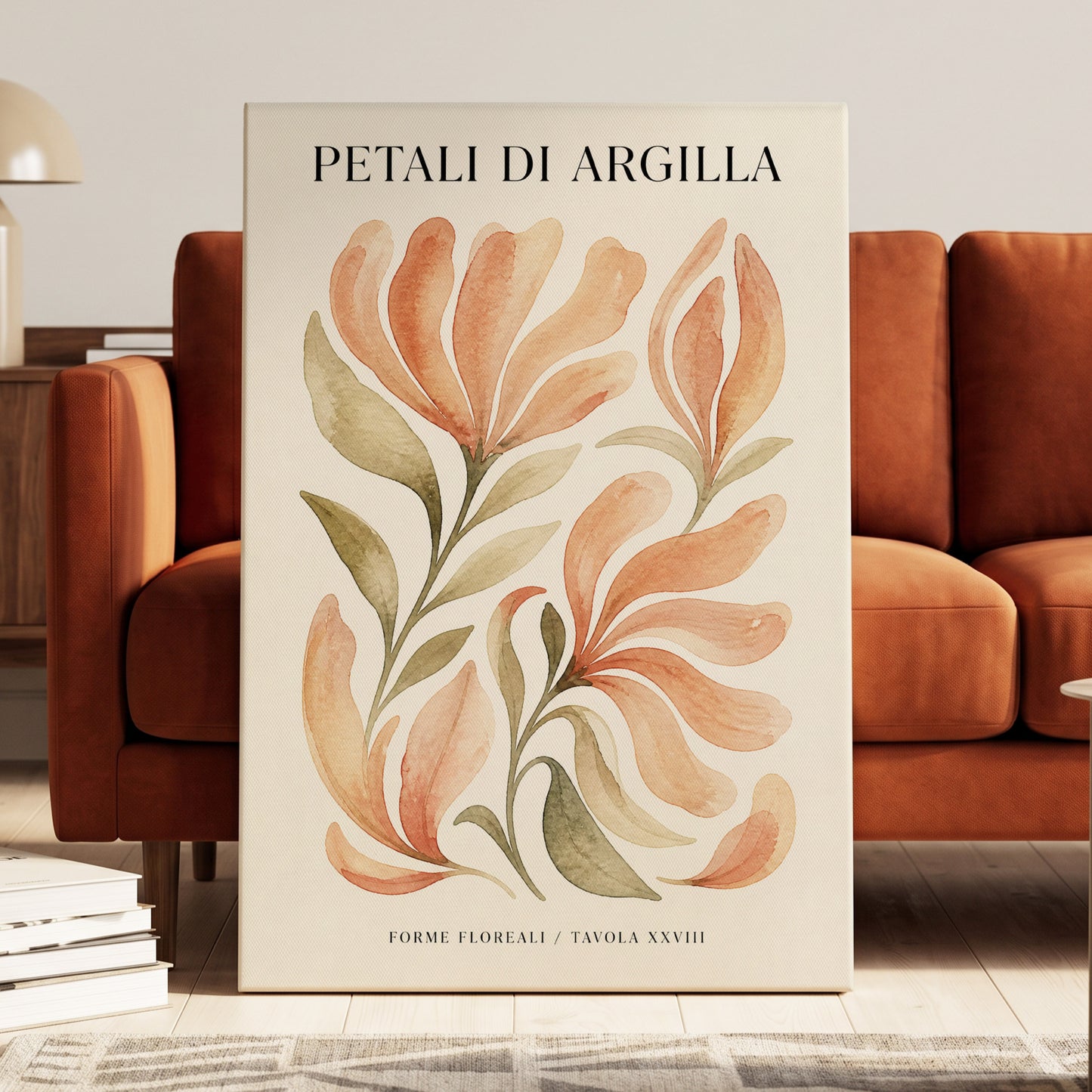 Clay Petal Study, pink, green, beige floral wall art on canvas displayed in a styled interior, gallery view 1