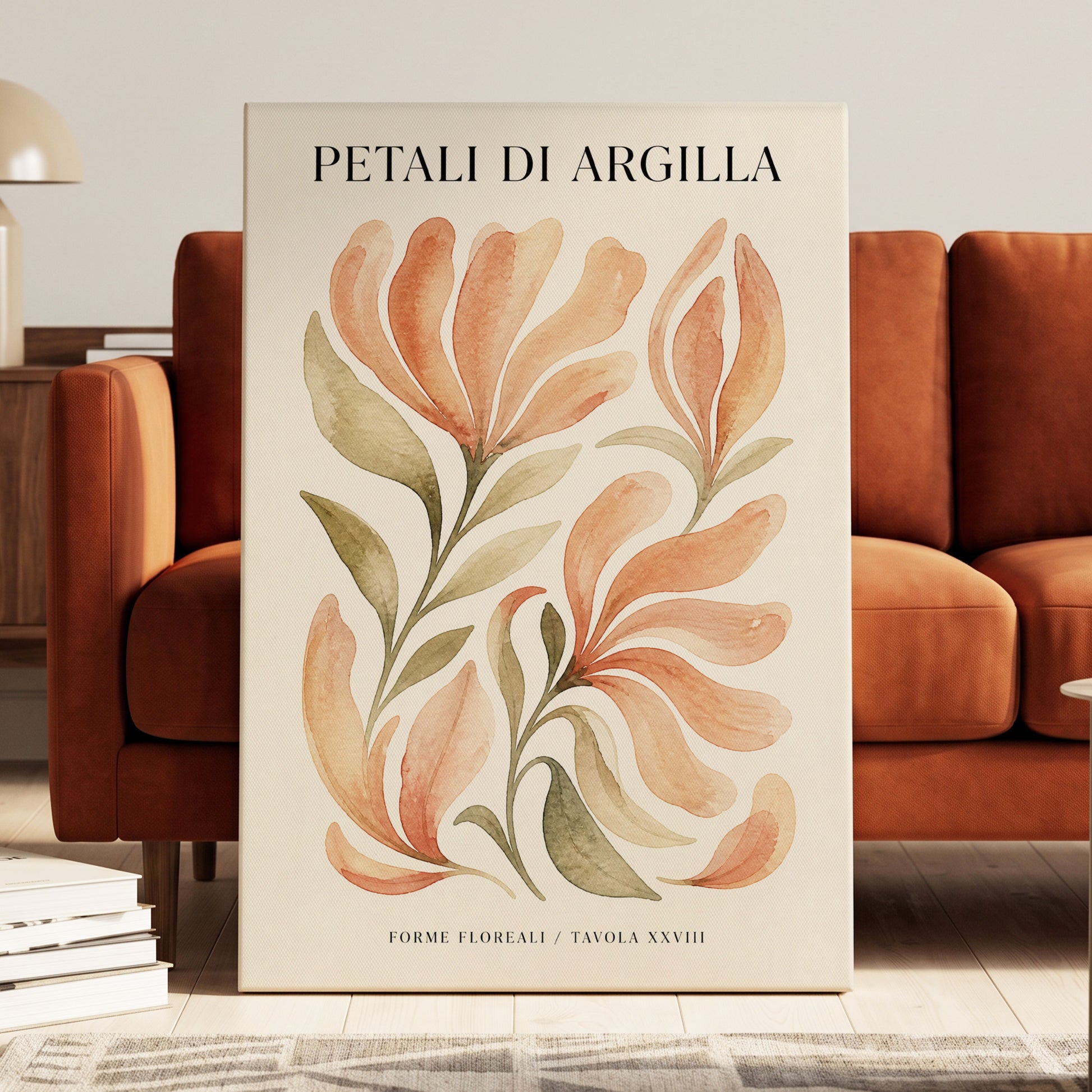 Clay Petal Study, pink, green, beige floral wall art on canvas displayed in a styled interior, gallery view 1