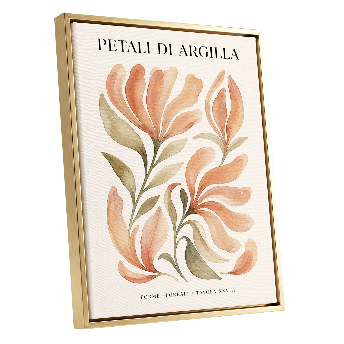 Clay Petal Study, pink, green, beige floral wall art shown as a gold framed canvas wall art