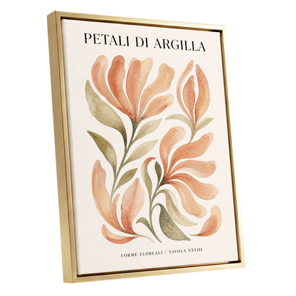 Clay Petal Study, pink, green, beige floral wall art shown as a gold framed canvas wall art