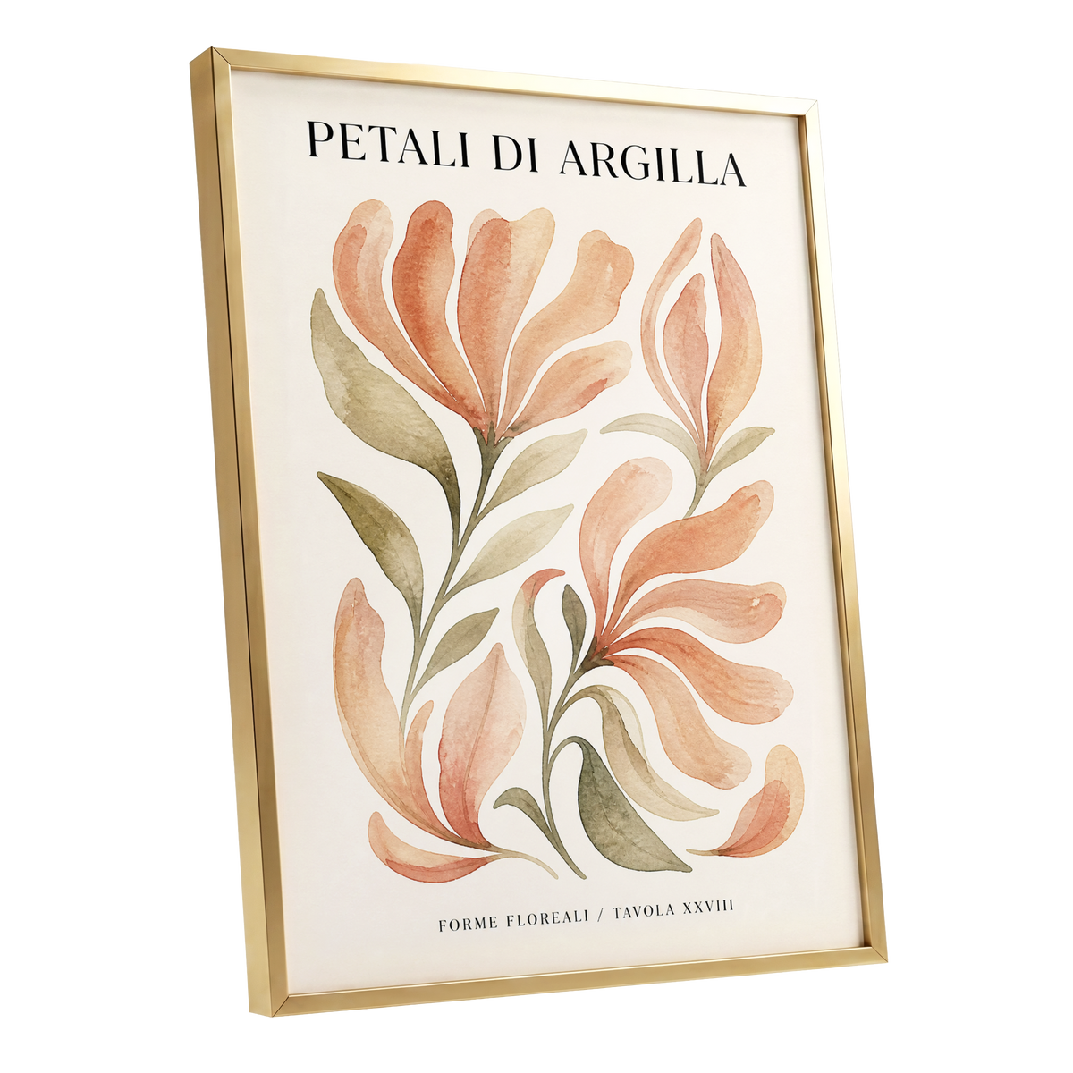 Clay Petal Study, pink, green, beige floral wall art shown as a gold framed poster wall art print