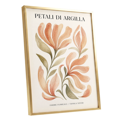 Clay Petal Study, pink, green, beige floral wall art shown as a gold framed poster wall art print