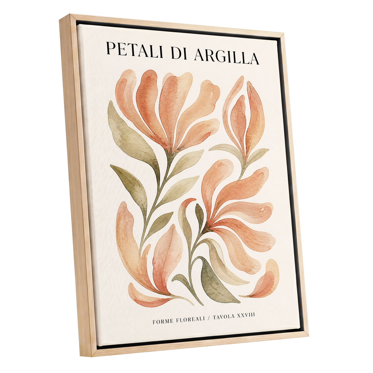 Clay Petal Study, pink, green, beige floral wall art shown as a oak framed canvas wall art