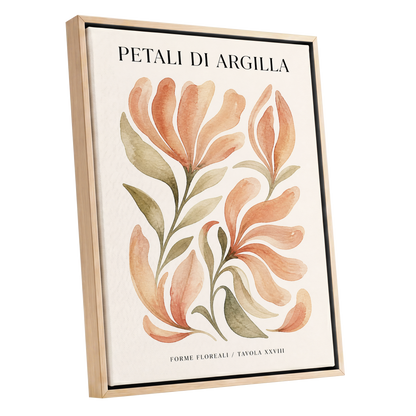 Clay Petal Study, pink, green, beige floral wall art shown as a oak framed canvas wall art