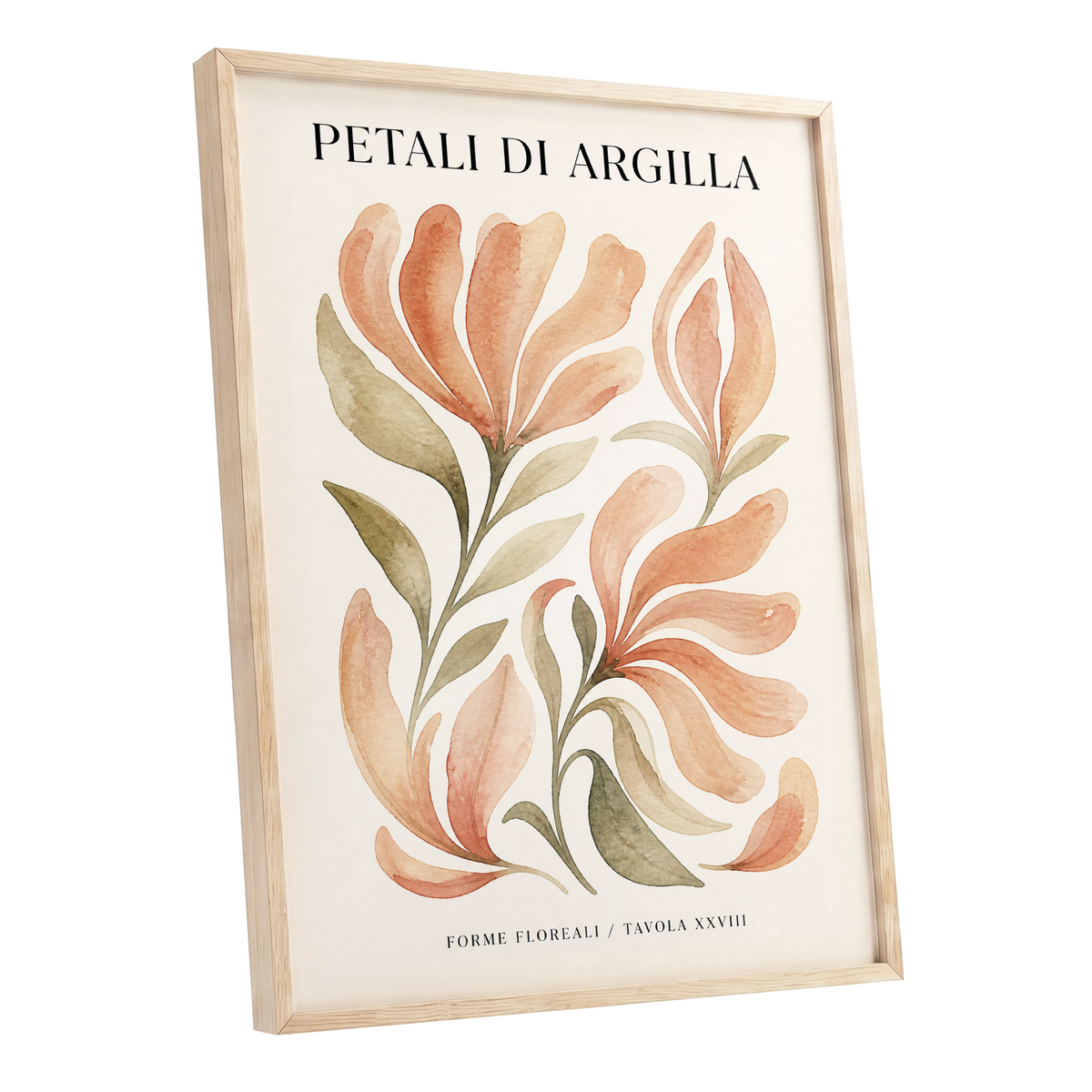 Clay Petal Study, pink, green, beige floral wall art shown as a oak framed poster wall art print