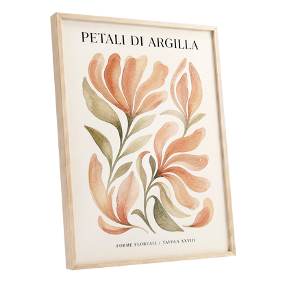 Clay Petal Study, pink, green, beige floral wall art shown as a oak framed poster wall art print