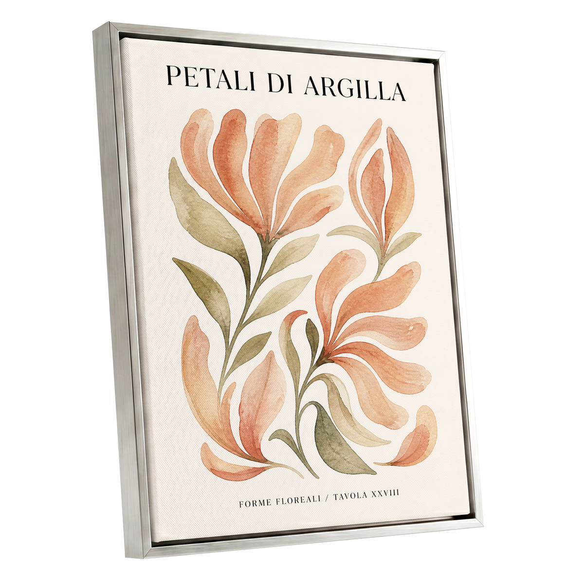 Clay Petal Study, pink, green, beige floral wall art shown as a silver framed canvas wall art