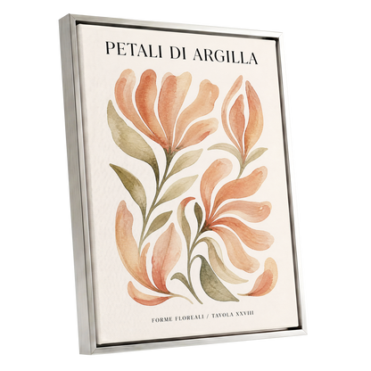 Clay Petal Study, pink, green, beige floral wall art shown as a silver framed canvas wall art