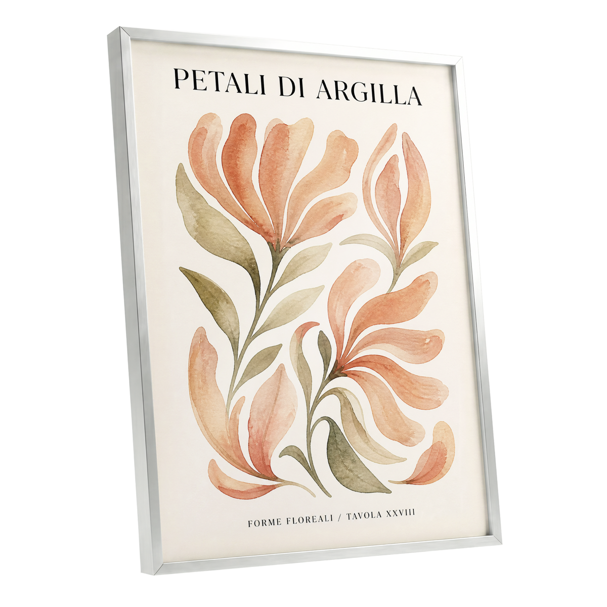 Clay Petal Study, pink, green, beige floral wall art shown as a silver framed poster wall art print