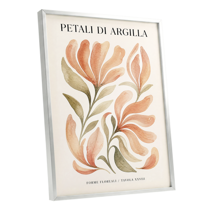 Clay Petal Study, pink, green, beige floral wall art shown as a silver framed poster wall art print