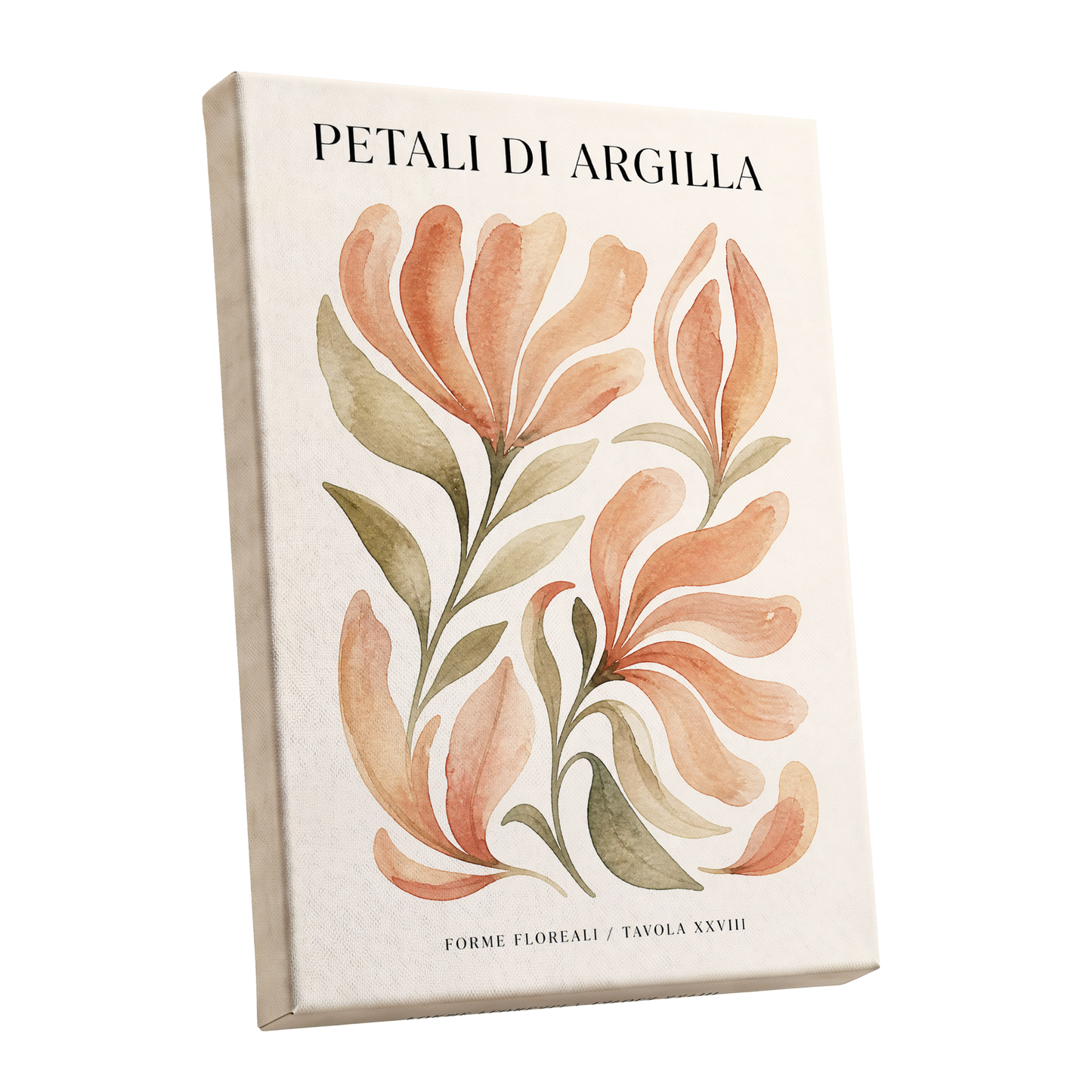 Clay Petal Study, pink, green, beige floral wall art shown as a stretched canvas wall art