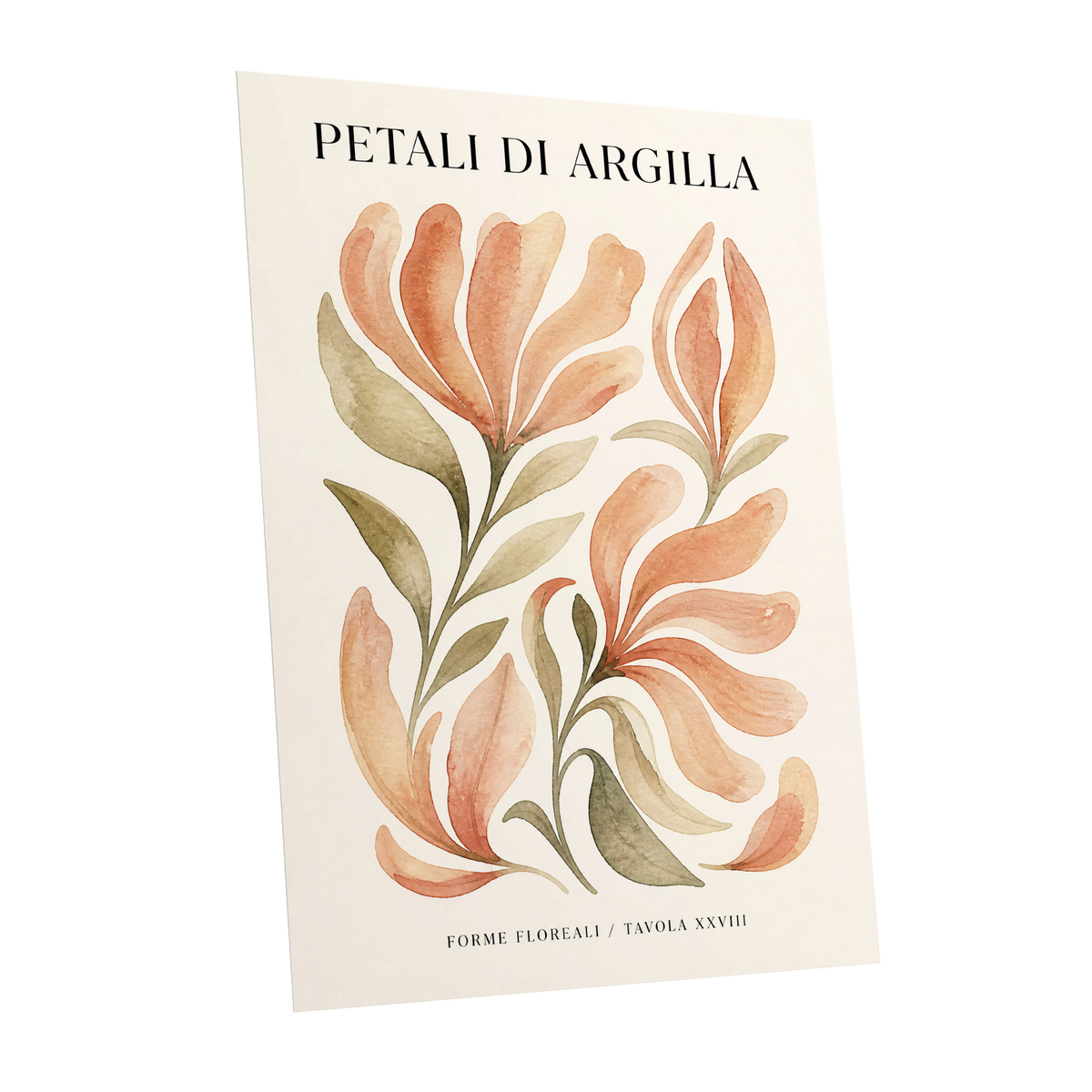 Clay Petal Study, pink, green, beige floral wall art shown as a unframed poster wall art print