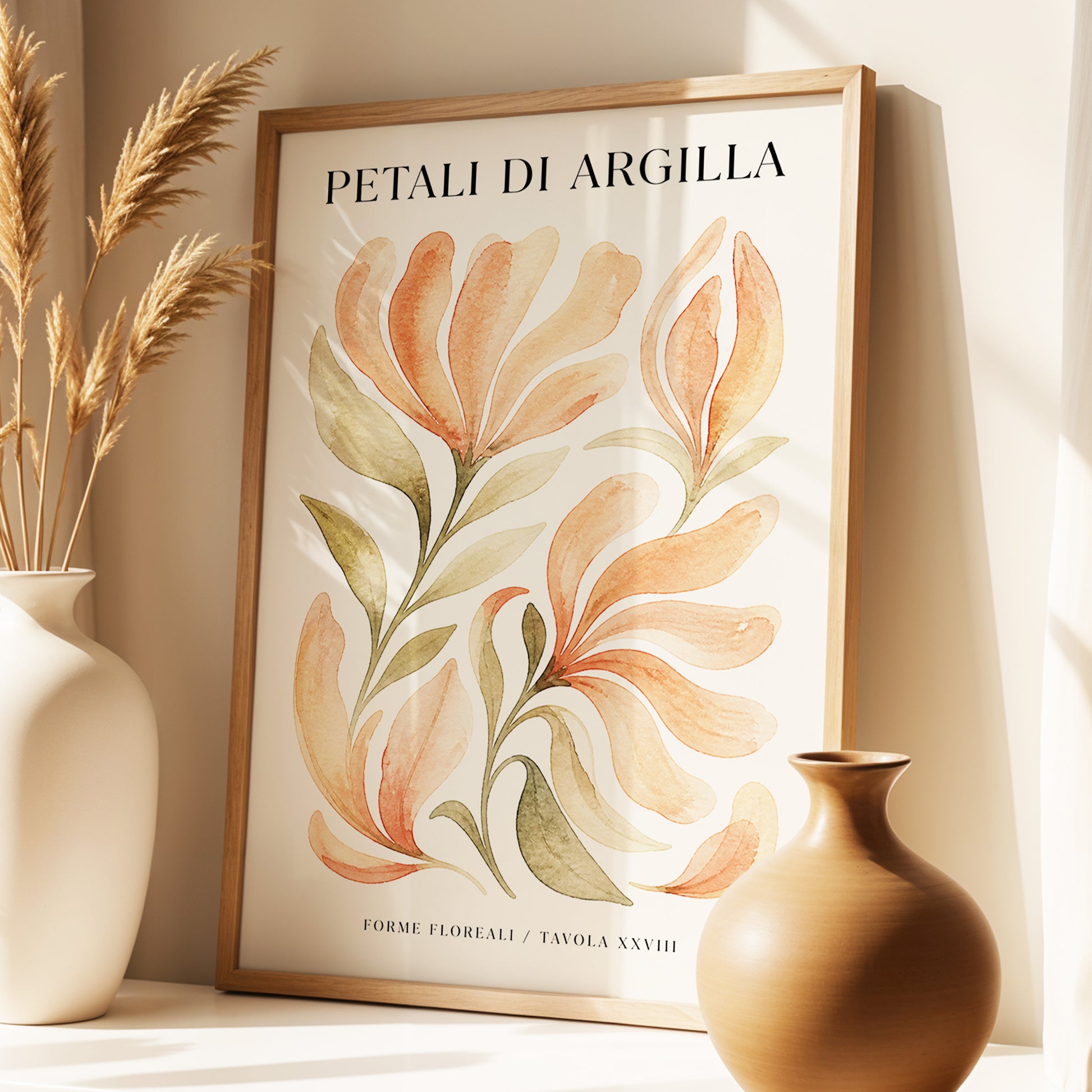 Clay Petal Study, pink, green, beige floral wall art displayed in a styled interior, gallery view 1