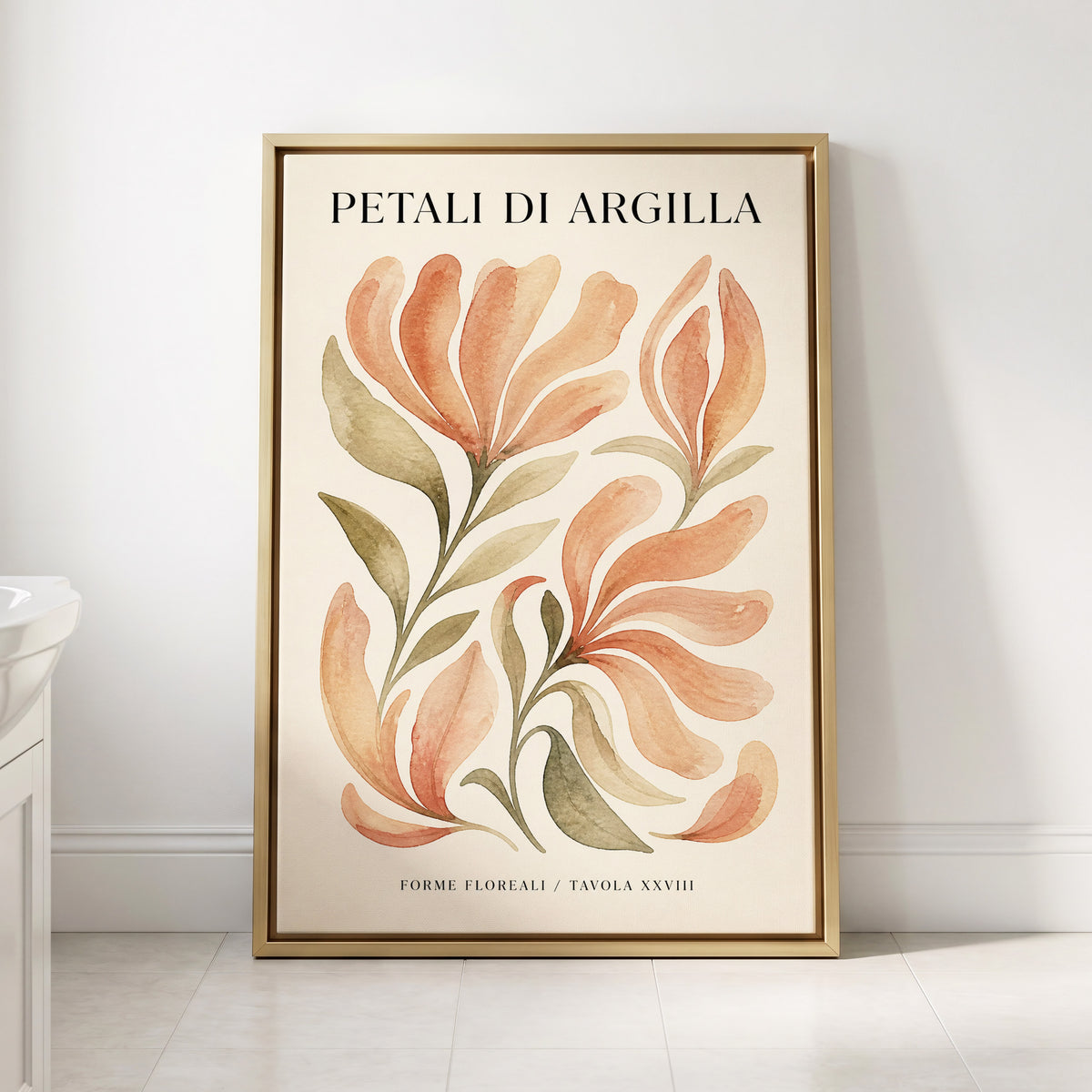 Clay Petal Study, pink, green, beige floral wall art displayed in a styled interior, gallery view 2