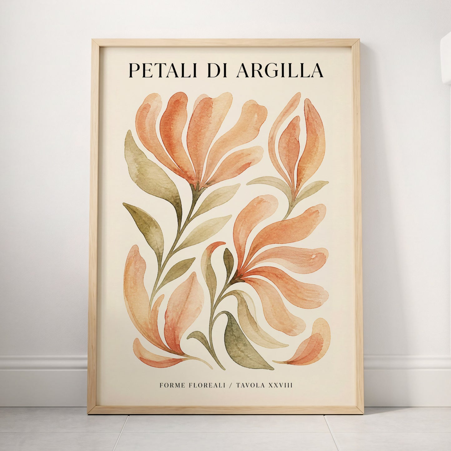 Clay Petal Study, pink, green, beige floral wall art displayed in a styled interior, gallery view 3