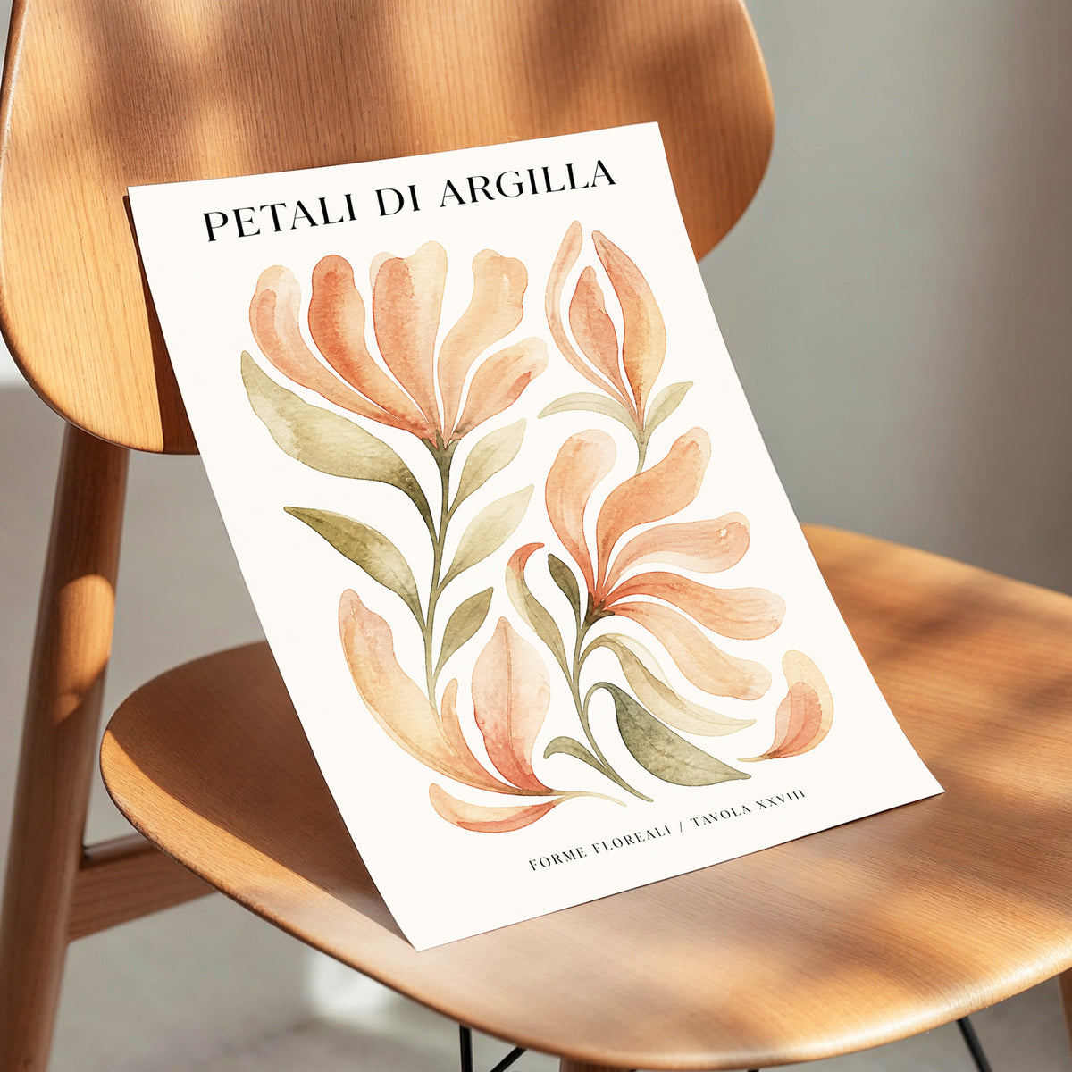 Clay Petal Study, pink, green, beige floral wall art displayed in a styled interior, gallery view 4