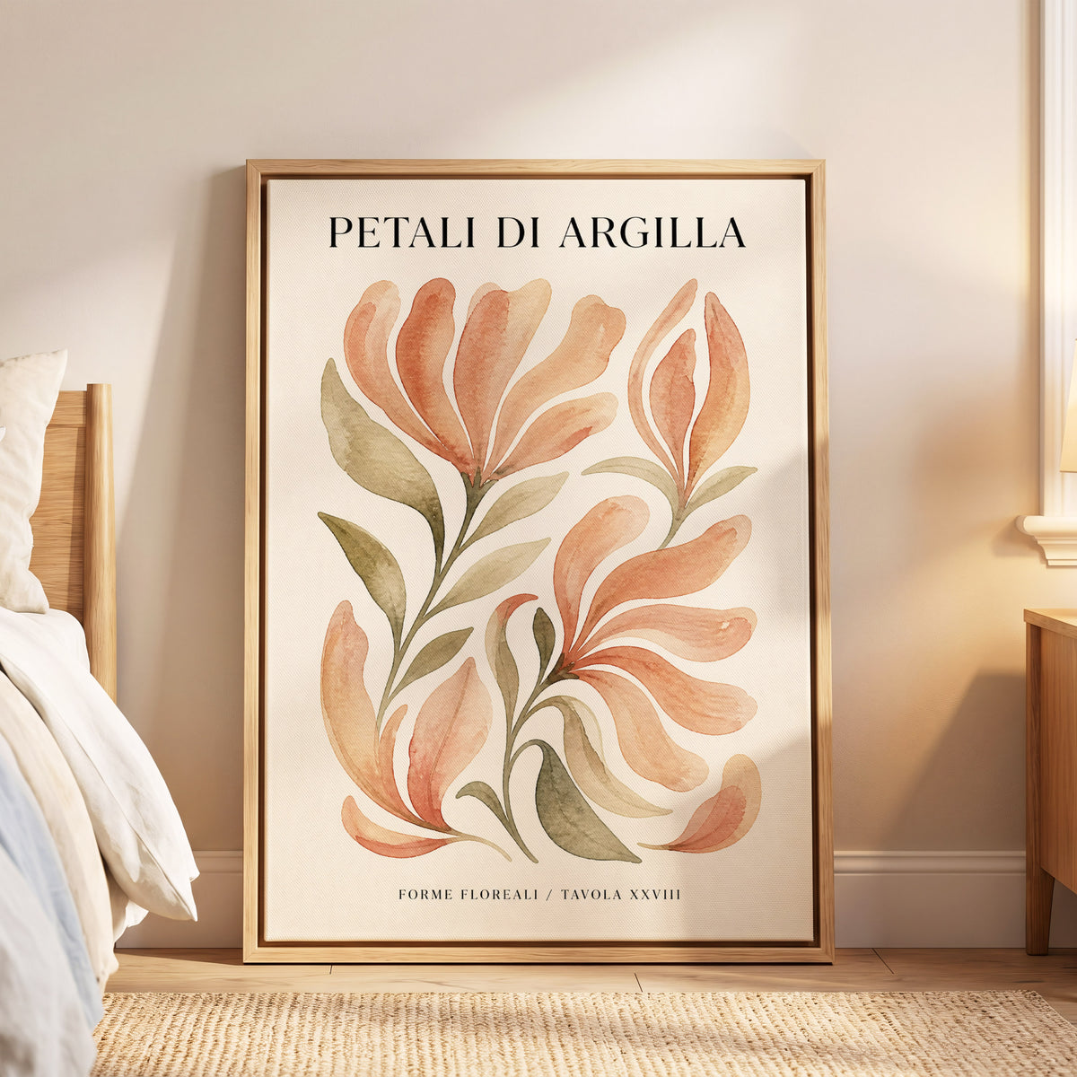 Clay Petal Study, pink, green, beige floral wall art displayed in a styled interior, gallery view 6