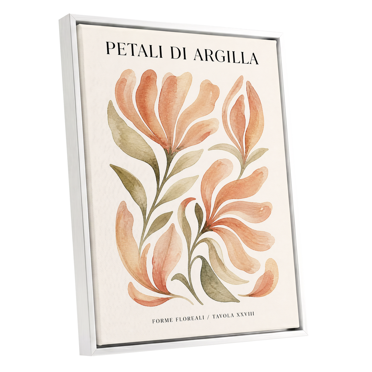 Clay Petal Study, pink, green, beige floral wall art shown as a white framed canvas wall art