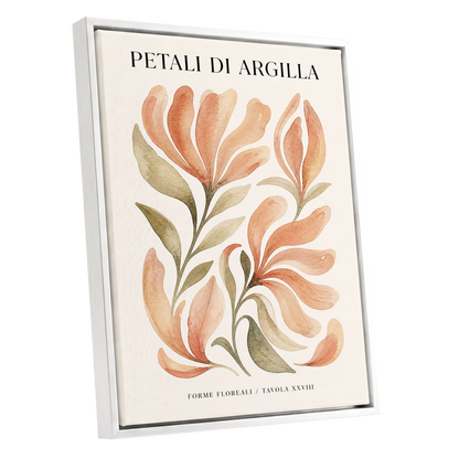 Clay Petal Study, pink, green, beige floral wall art shown as a white framed canvas wall art
