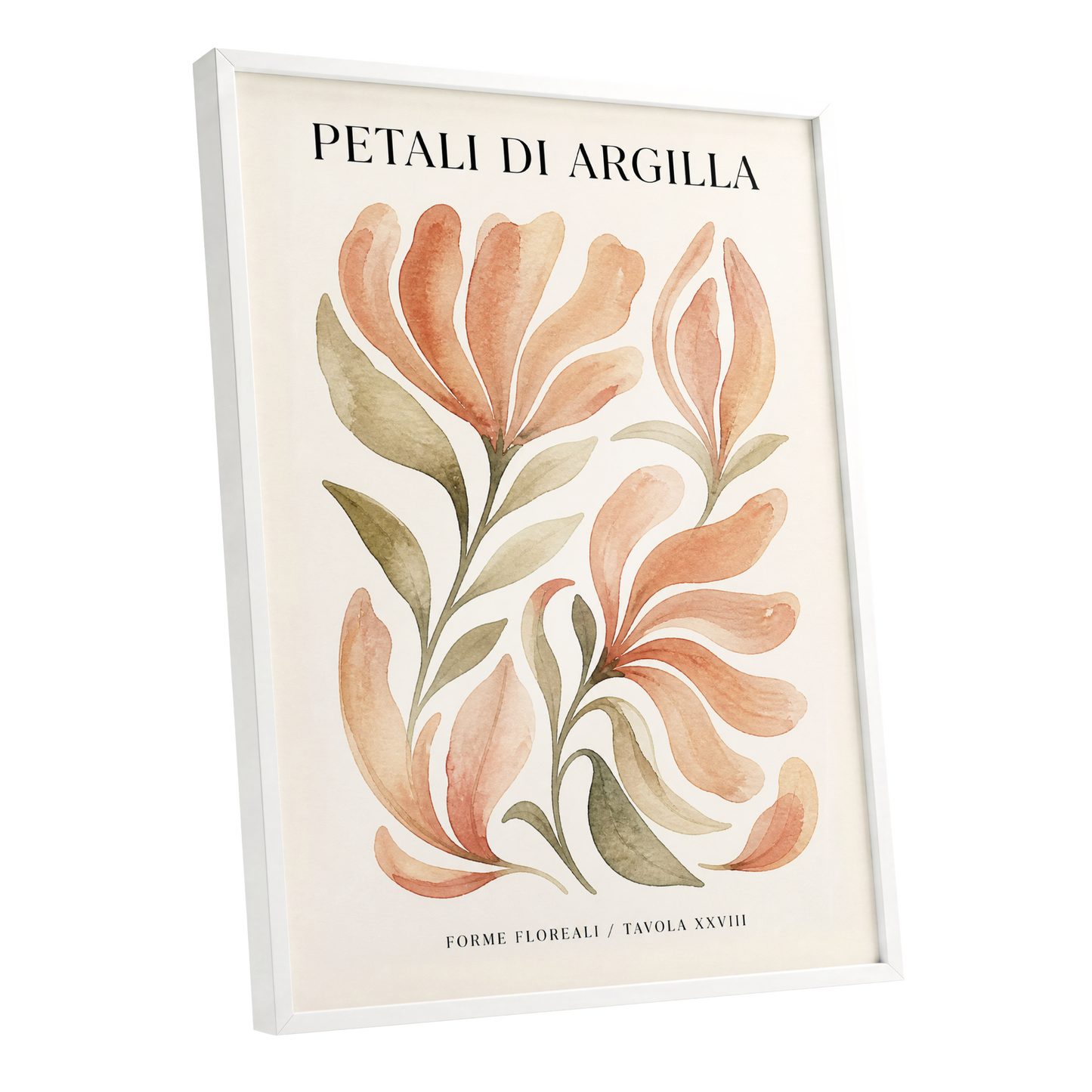 Clay Petal Study, pink, green, beige floral wall art shown as a white framed poster wall art print