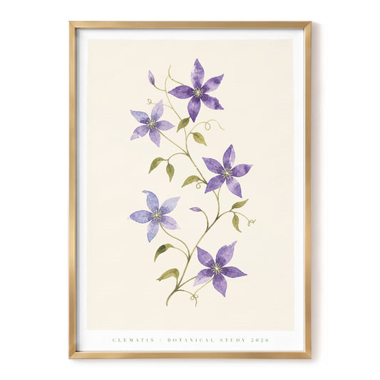Clematis in Violet, purple, green, beige floral wall art, front artwork view