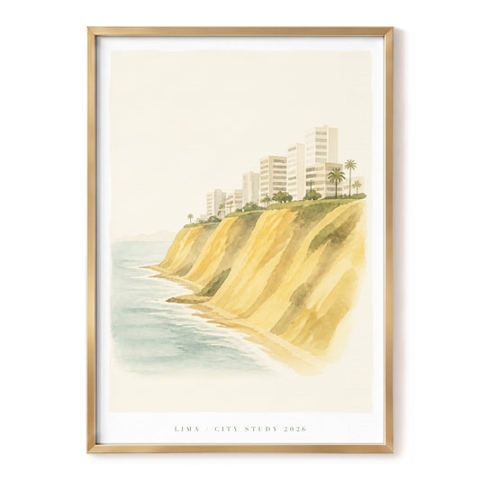 Clifftop Calm, beige, gold, blue nature wall art, front artwork view