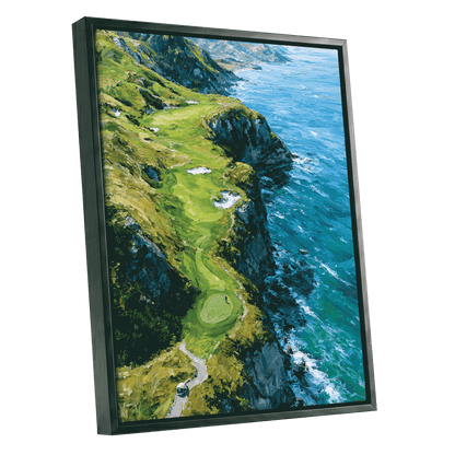 Clifftop Fairway, green, blue, white nature wall art shown as a black framed canvas wall art