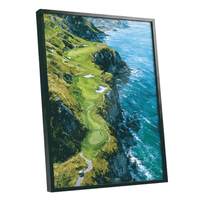Clifftop Fairway, green, blue, white nature wall art shown as a black framed poster wall art print