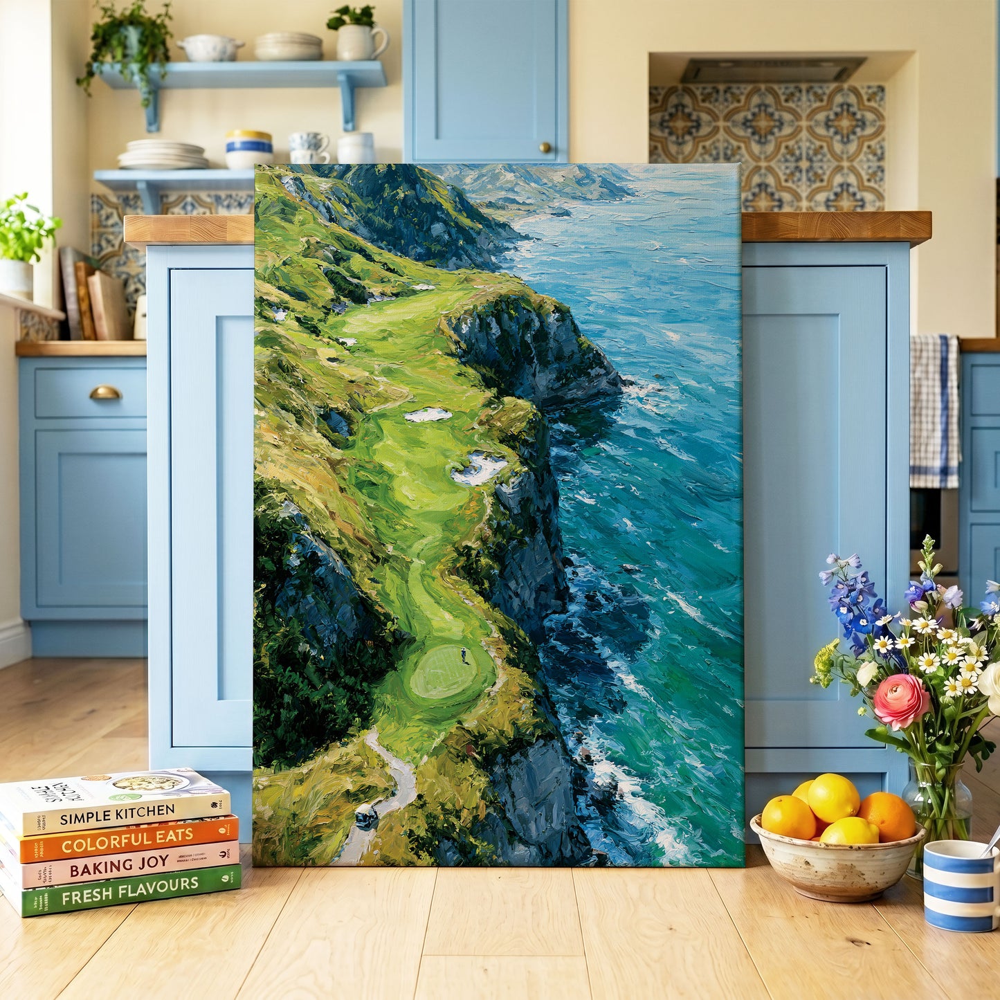 Clifftop Fairway, green, blue, white nature wall art on canvas displayed in a styled interior, gallery view 1