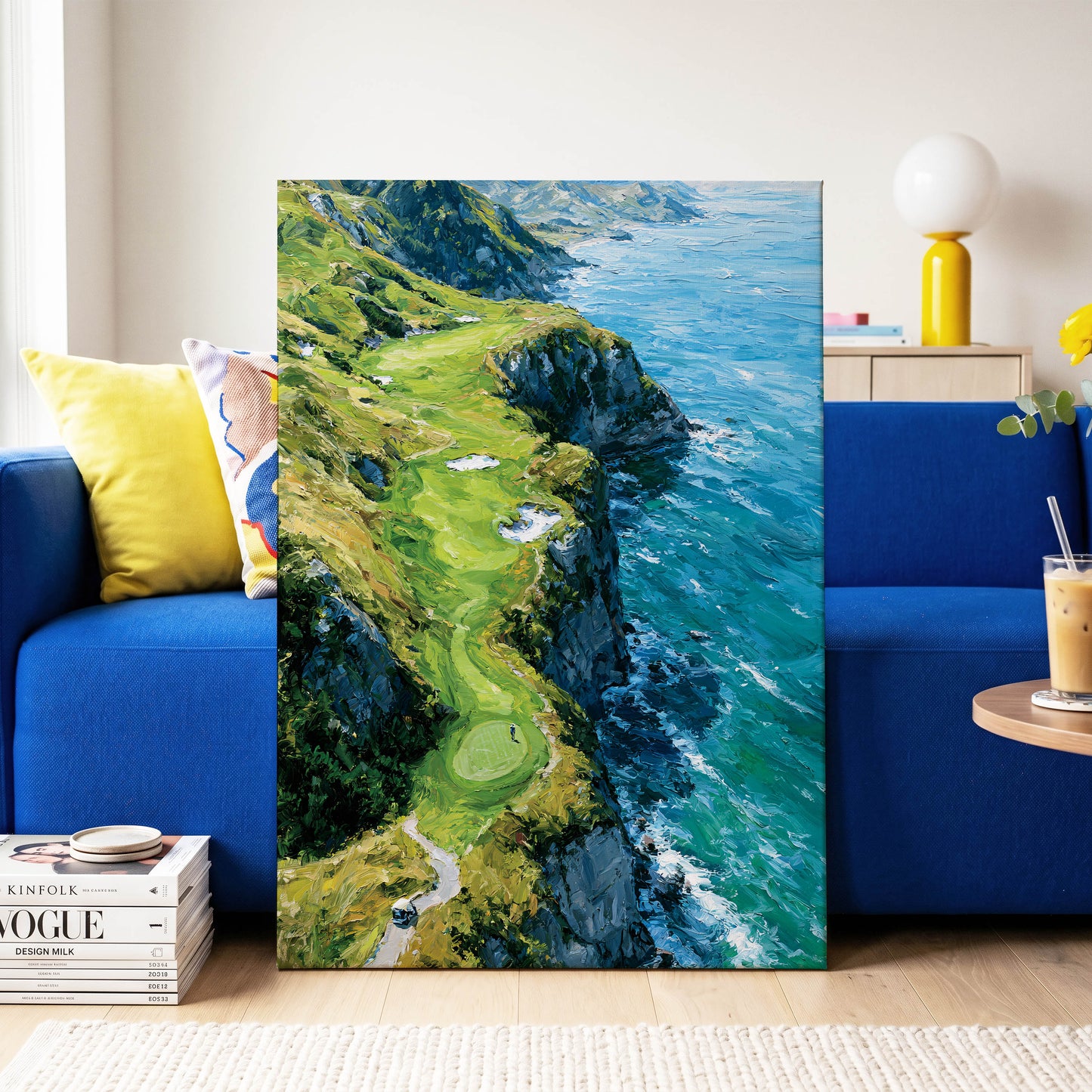 Clifftop Fairway, green, blue, white nature wall art on canvas displayed in a styled interior, gallery view 2