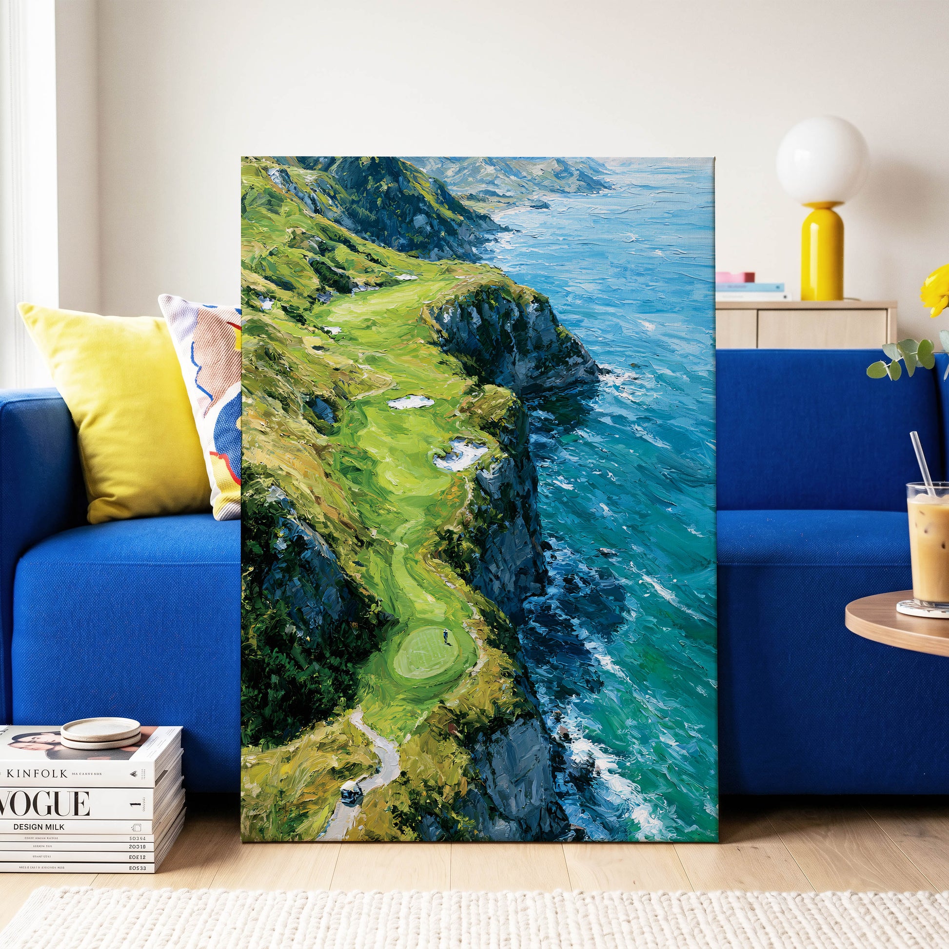 Clifftop Fairway, green, blue, white nature wall art on canvas displayed in a styled interior, gallery view 2