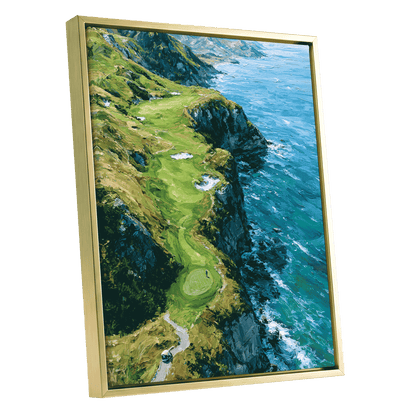 Clifftop Fairway, green, blue, white nature wall art shown as a gold framed canvas wall art