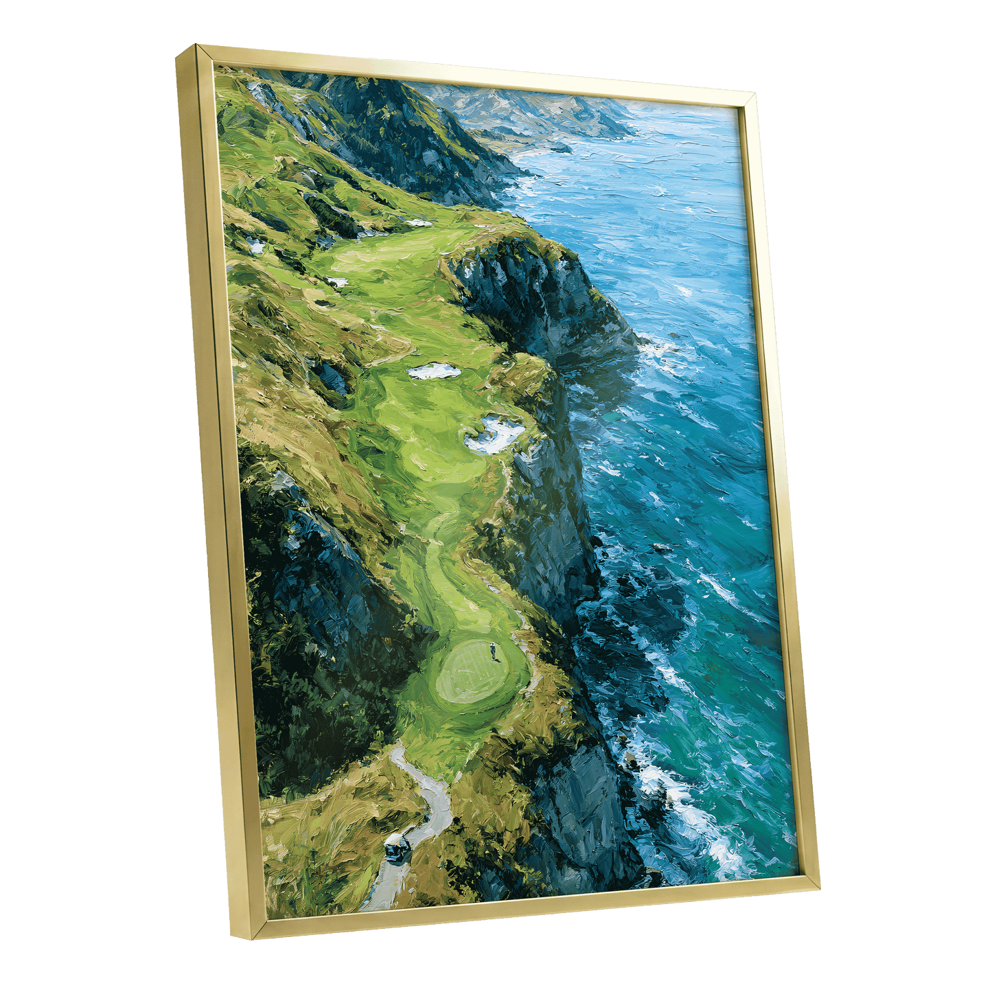 Clifftop Fairway, green, blue, white nature wall art shown as a gold framed poster wall art print