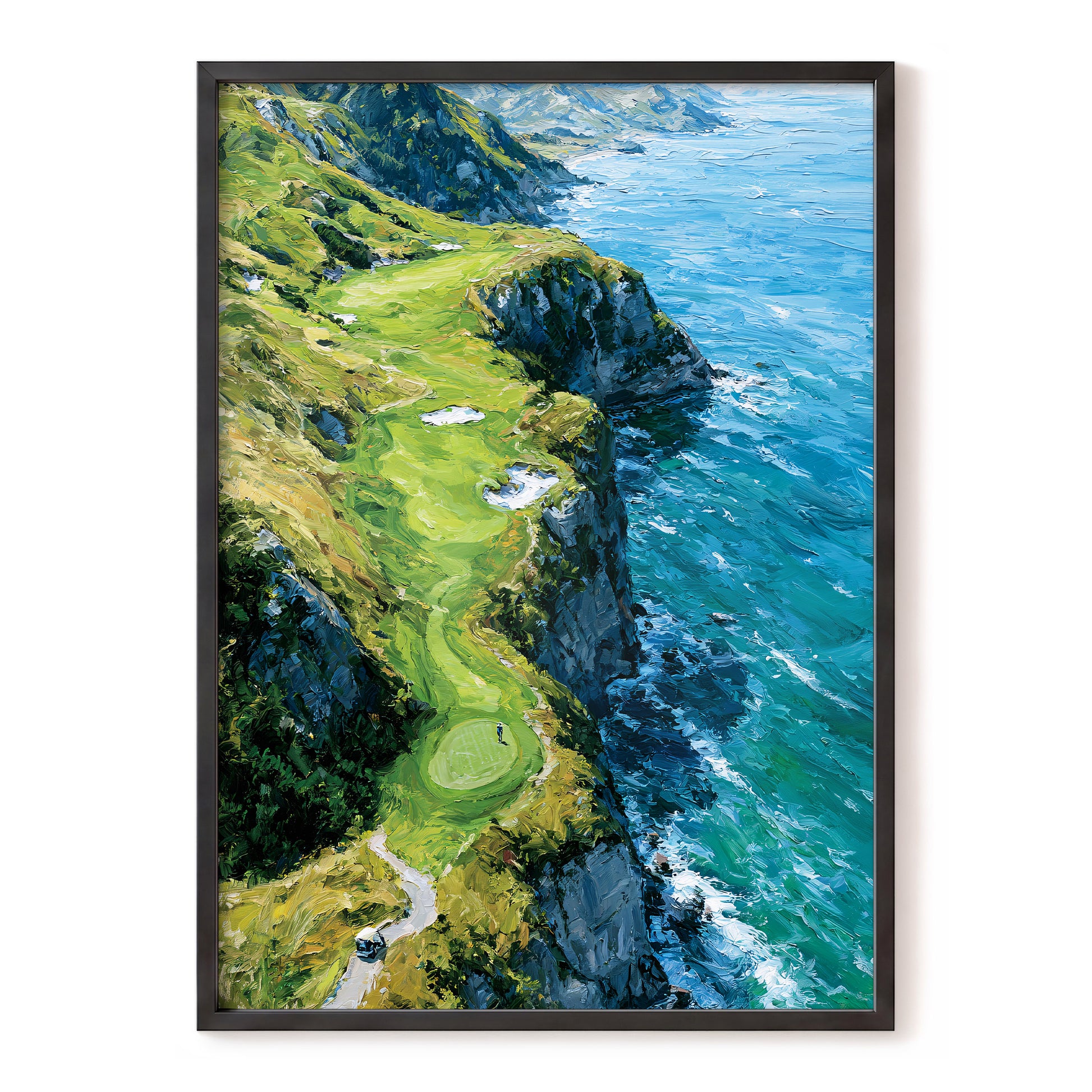 Clifftop Fairway, green, blue, white nature wall art, front artwork view