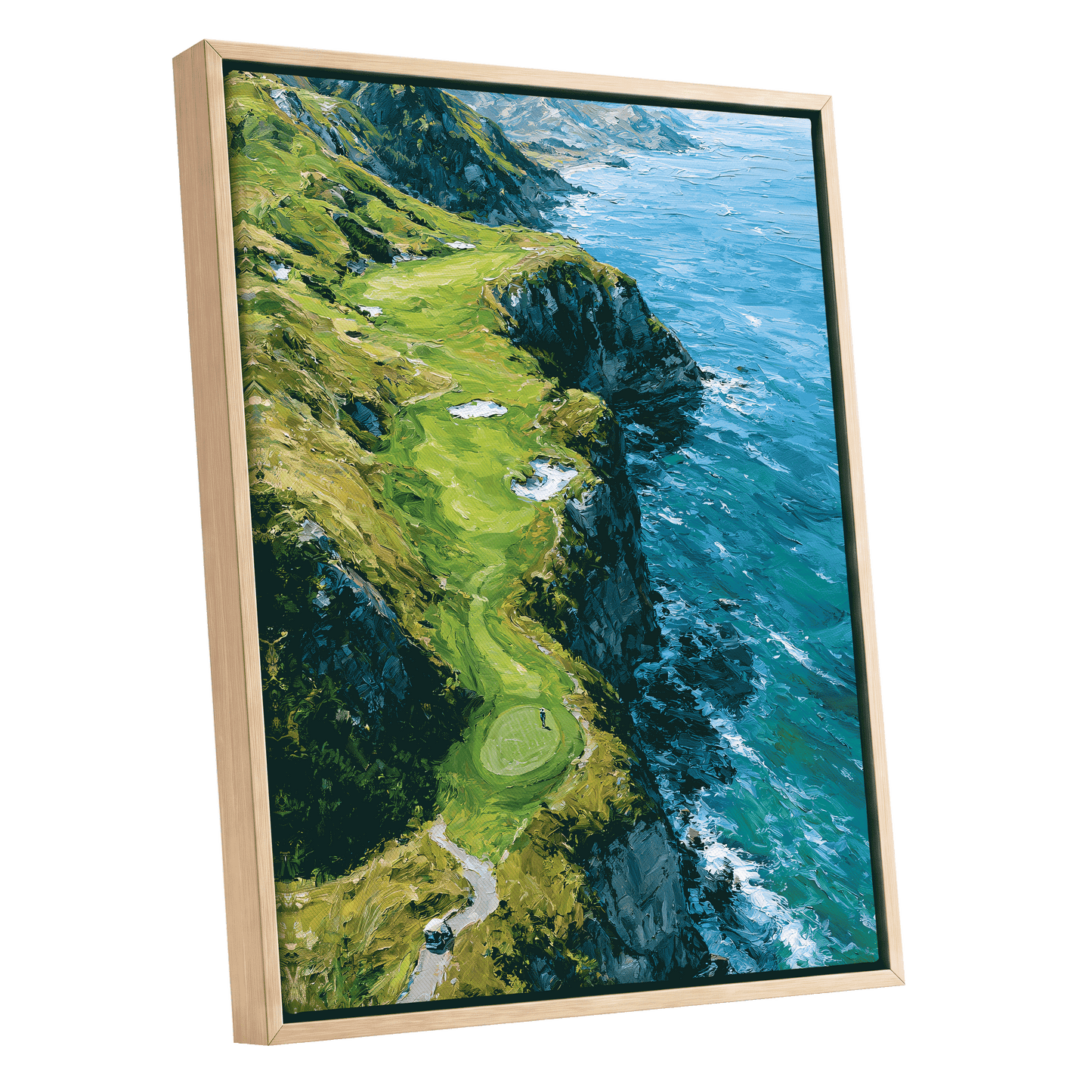 Clifftop Fairway, green, blue, white nature wall art shown as a oak framed canvas wall art