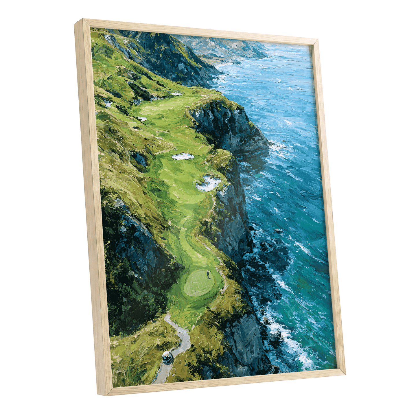 Clifftop Fairway, green, blue, white nature wall art shown as a oak framed poster wall art print