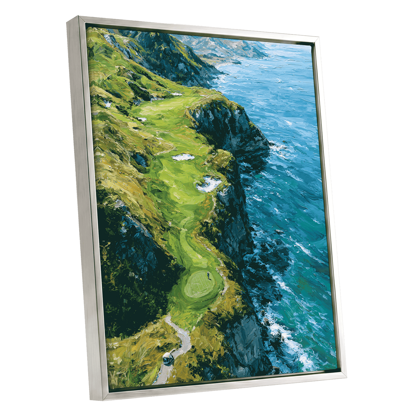 Clifftop Fairway, green, blue, white nature wall art shown as a silver framed canvas wall art
