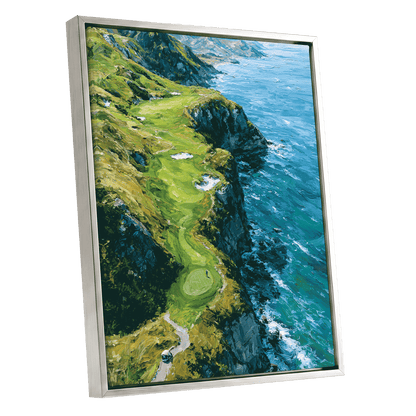 Clifftop Fairway, green, blue, white nature wall art shown as a silver framed canvas wall art