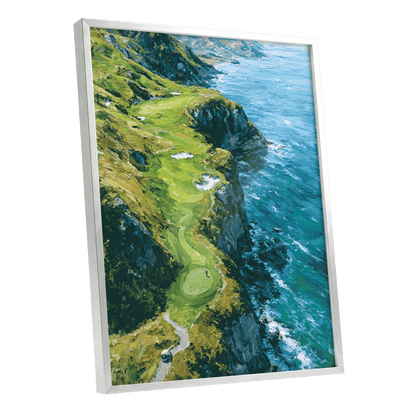 Clifftop Fairway, green, blue, white nature wall art shown as a silver framed poster wall art print