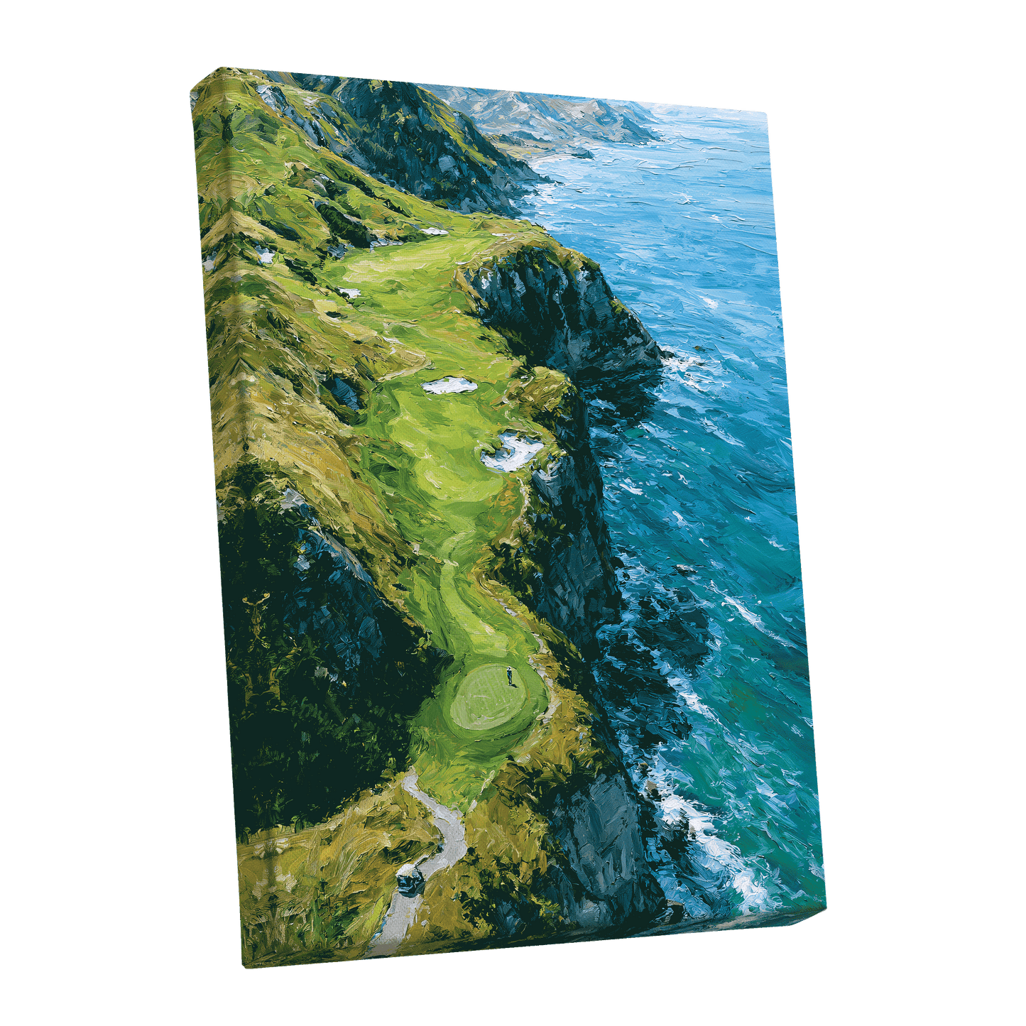 Clifftop Fairway, green, blue, white nature wall art shown as a stretched canvas wall art