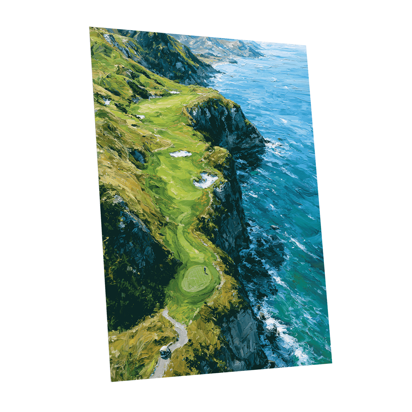 Clifftop Fairway, green, blue, white nature wall art shown as a unframed poster wall art print