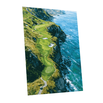 Clifftop Fairway, green, blue, white nature wall art shown as a unframed poster wall art print